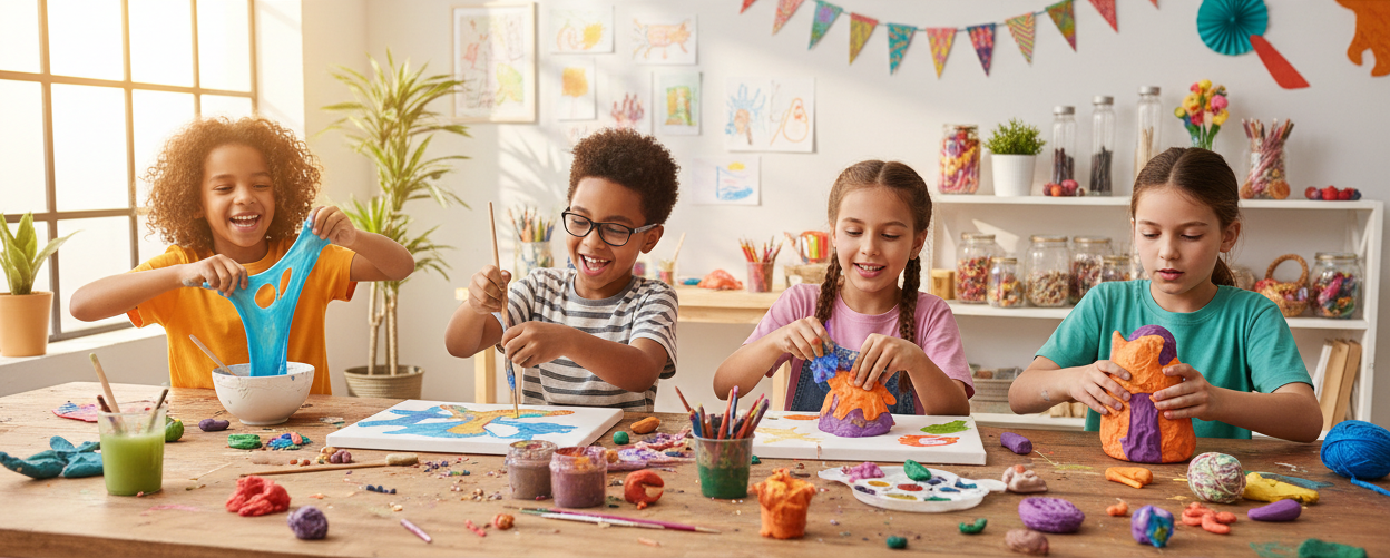 Kids playing with handmade art